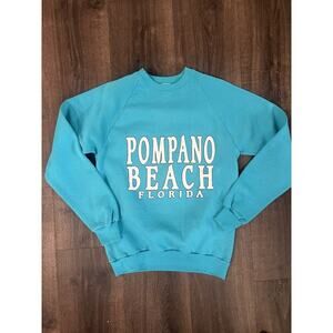 Vintage Jerzees By Russell Pompano Beach Crewneck Sweater Turquoise Blue 80s Fl
